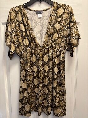 Jordan Taylor Snake Print V-Neck Tunic in Brown and Beige